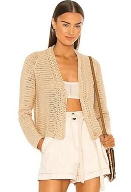 Vince Crochet V Neck Cardigan Tan Women's Sz L Beach Vacation